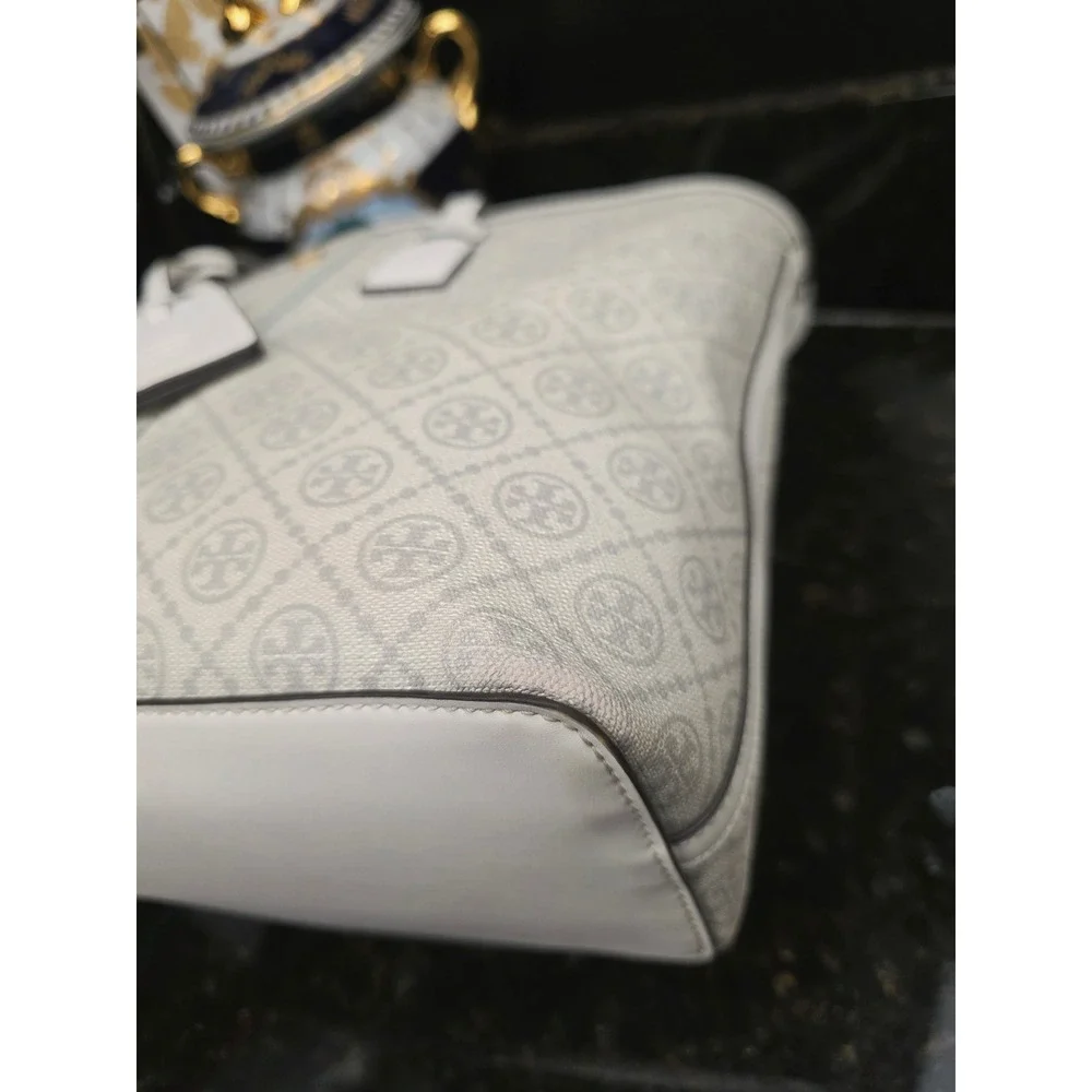 Tory Burch T Monogram Coated Canvas Tote White Gray Logo Crossbody Bag Luxury